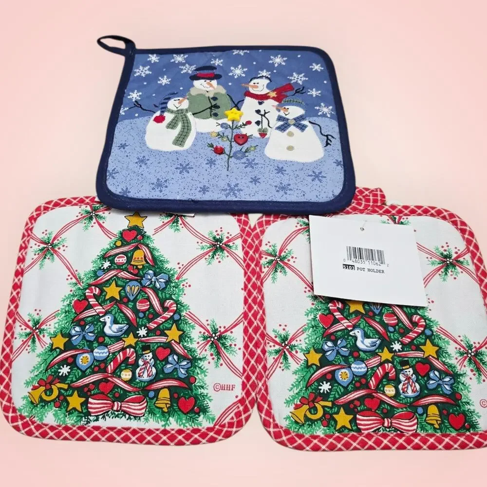 Vintage Set Of 3 Christmas Pot Holders Christmas Tree And Snowmen NOS‎